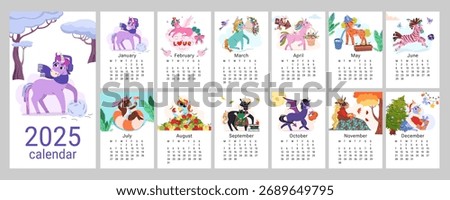 2026 calendar with cute unicorn vector illustrations for each month. 12 vertical pages with Chinese New Year symbol. Colorful and playful horse characters representing different seasons and holidays.