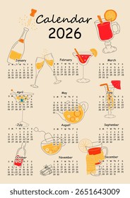 2026 calendar design with different drinks for different seasons. Hand drawn calendar planner annual organizer.

