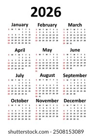 2026 calendar design with holidays or red dates. week stars on sunday . printable, simple, and clear vector design.