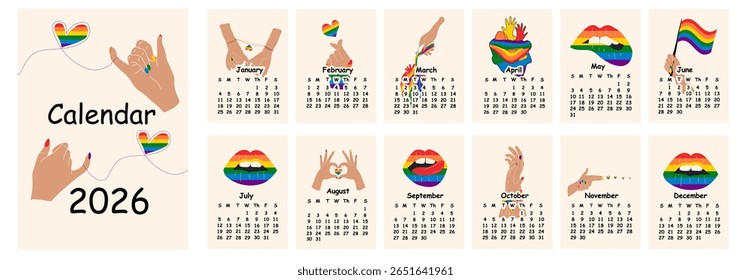 Projeto de calendário 2026 com símbolo lgbt. Planejador de calendário desenhado à mão organizador anual.	
