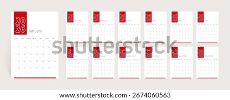 2026 calendar design, set of 12 months. Week starts on Monday. Vertical 2026 calendar template.