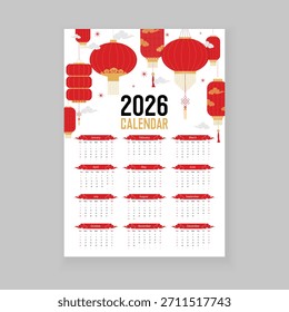 Plantilla de diseño de calendario 2026. Diseño de color rojo. Plantilla del calendario del año nuevo chino 2026. fondo de linternas chinas 
