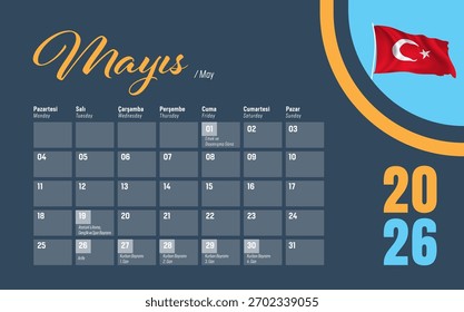 2026 Calendar Design na Turquia. Design de Vetor