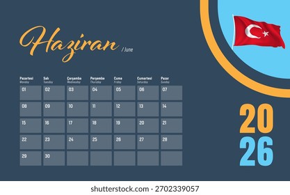 2026 Calendar Design na Turquia. Design de Vetor