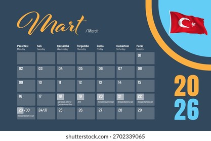 2026 Calendar Design na Turquia. Design de Vetor