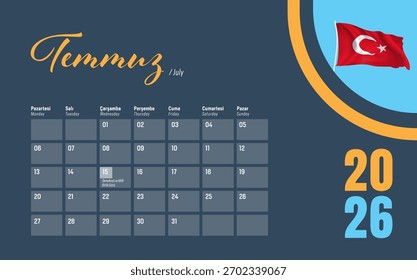 2026 Calendar Design na Turquia. Design de Vetor