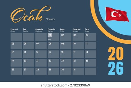 2026 Calendar Design in Turkey. Vector Design