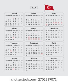 2026 Diseño de Calendario en Turquía. Diseño de Vector