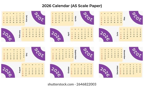 Um calendário de 2026 projetado para papel A5, mostrando todos os doze meses em um layout de grade. Cada mês é apresentado em um cartão separado com um design de canto roxo.