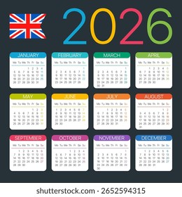 2026 calendar - English version - Vector template