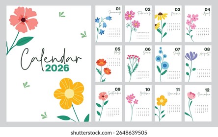 2026 flores modelo clipart conjunto. Flor e folhas desenho decoração abstrata clip art coleção de 12 meses 2026 calendário imprimível layout vetor ilustração. 
