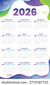 2026 calendar fun art vector illustration, 12 month set in 2026