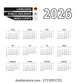 Calendário 2026 em alemão, a semana começa no domingo. Ilustração de vetor.