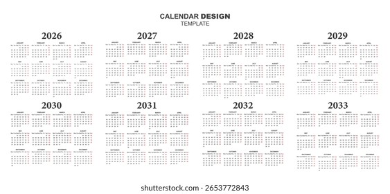 2026 Calendario Meta Establecer planificación futura Conjunto 2027 a 2033 Diseño colección Plantilla