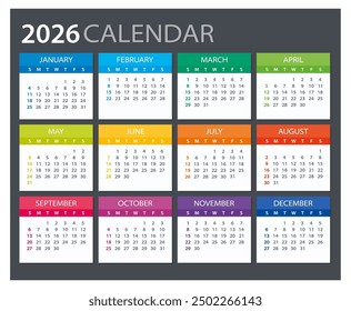 2026 Calendar - illustration. Template. Mock up Week starts Sunday