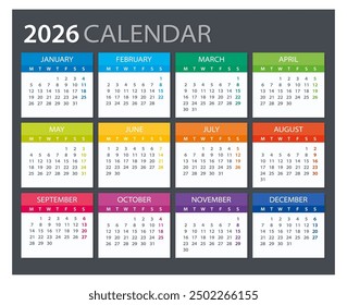 Calendario 2026 - ilustración. Plantilla. Mock up La semana comienza el domingo