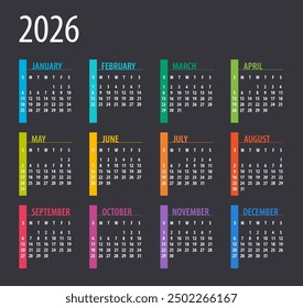 2026 Calendar - illustration. Template. Mock up Week starts Sunday
