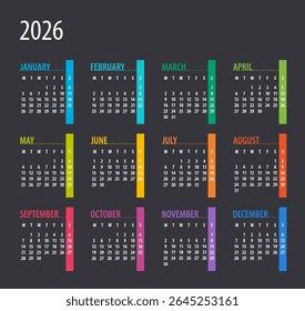 2026 Calendar - illustration. Template. Mock up Week starts Monday