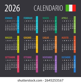 2026 Calendar - illustration. Template. Mock up. Italian version