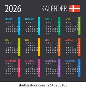 Calendário 2026 - ilustração. Modelo. Versão dinamarquesa para maquete