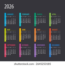 Calendário 2026 - ilustração. Modelo. Mock up Week começa domingo