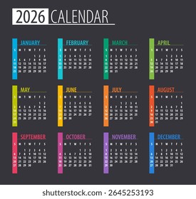 Calendário 2026 - ilustração. Modelo. Mock up Week começa domingo