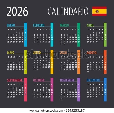 2026 Calendar - illustration. Template. Mock up. Spanish version Vector