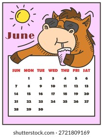 Calendario 2026 para el mes de junio Vector aislado. Ilustración dibujada a mano de un divertido y lindo caballo bebiendo cóctel en gafas de sol. Temporada de verano, sol caliente. Diseño de planificador personal. Adorable personaje disfrutando del verano en vacaciones.