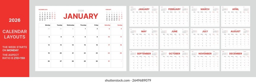 2026 calendar layout grid template with Monday week start, minimal clean design, mini previous next months, landscape format, red black typography, monthly view, aspect ratio 210x150, planner ready