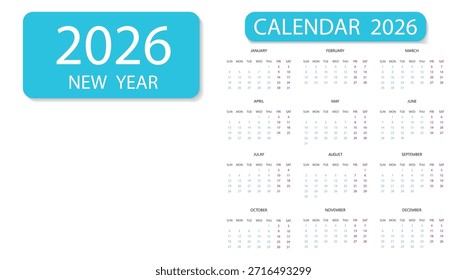 2026 Calendar Leaves Set - Ilustração Vetorial. Layout do planejador de mesa. Yearly organizer em inglês. A semana começa na segunda. Modelo de design mensal vertical 2026 da parede de flores. 