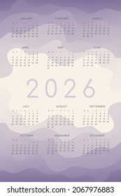 2026 calendar with lilac gradient fluid wave shapes 