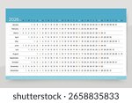 2026 calendar. Linear calender template. Annual organizer. Week starts Sunday. Horizontal scheduler. Yearly planner layout. Long grid with 12 month, English. Landscape orientation. Vector illustration