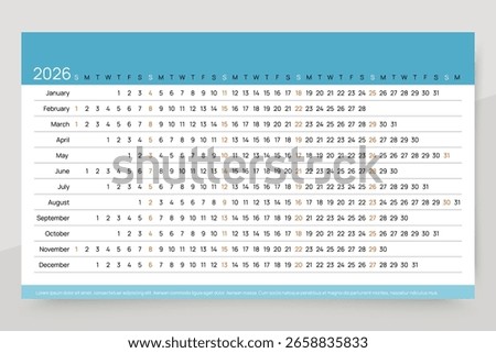 2026 calendar. Linear calender template. Annual organizer. Week starts Sunday. Horizontal scheduler. Yearly planner layout. Long grid with 12 month, English. Landscape orientation. Vector illustration