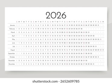 Calendário de 2026. Modelo de planejador linear. Calendário anual horizontal. A semana começa domingo. Longa grade de programação anual com 12 meses. Orientação Paisagem, Inglês. Ilustração vetorial. Design simples