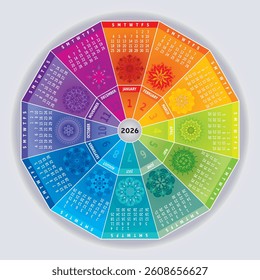 2026 Calendar with Mandalas in Rainbow Colors - 12 Months Wheel - Vector Design