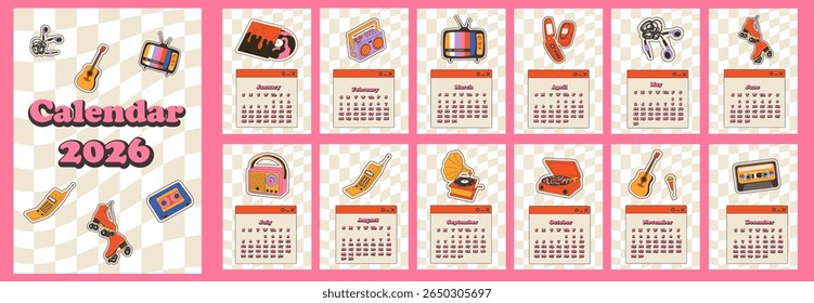 2026 calendar in minimal planner style decorated with colorful retro sticker illustrations used as an annual organizer with nostalgic vintage elements