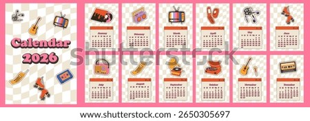2026 calendar in minimal planner style decorated with colorful retro sticker illustrations used as an annual organizer with nostalgic vintage elements