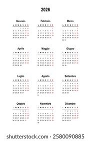 2026 calendar minimalist on Italian language with italian holidays.  Week start on Monday. 