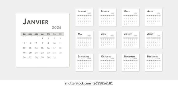2026 calendar modern classic on French language. Week starts on Monday. Desk or wall calendar in minimalist style