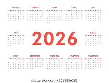 2026 calendar modern classic on French language. Week starts on Monday. Desk or wall A4 horizontal calendar in minimalist style