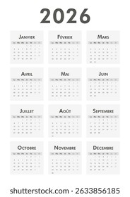 2026 calendar modern classic on French language. Week starts on Monday. Desk or wall A4 vertical black and white calendar in minimalist style