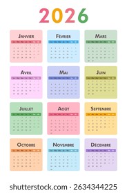 2026 calendar modern classic on French language. Week starts on Monday. Desk or wall A4 vertical calendar in minimalist style