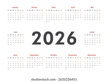 2026 calendar modern classic on French language. Week starts on Monday. Desk or wall A4 horizontal calendar in minimalist style