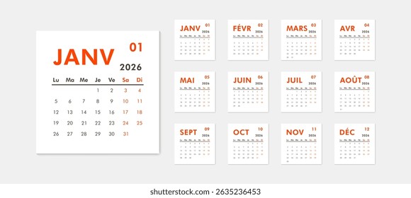 2026 calendar modern classic on French language. Week starts on Monday. Desk or wall calendar in minimalist style