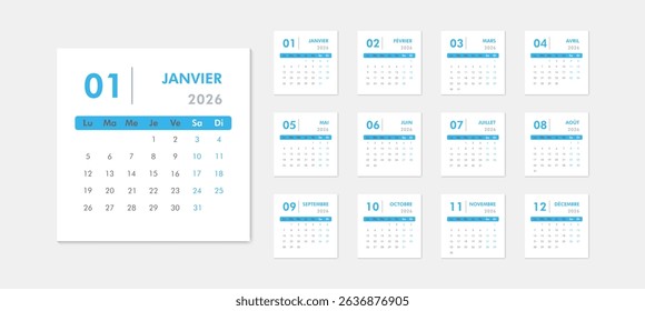2026 calendar modern classic on French language. Week starts on Monday. Desk or wall blue calendar in minimalist style