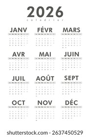2026 calendar modern classic on French language. Week starts on Monday. Desk or wall A4 vertical black and white calendar in minimalist style