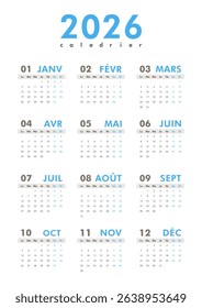 2026 calendar modern classic on French language. Week starts on Monday. Desk or wall A4 vertical blue calendar in minimalist style