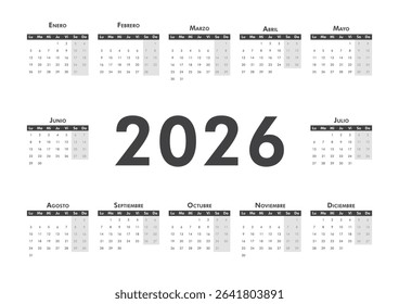 2026 calendar modern classic on Spanish language. Week starts on Monday. Desk or wall A4 black and white horizontal calendar in minimalist style