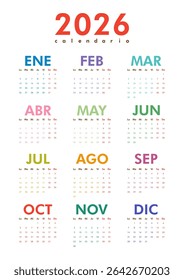 2026 calendar modern classic on Spanish language. Week starts on Monday. Desk or wall A4 vertical calendar in minimalist style