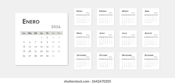 2026 calendar modern classic on Spanish language. Week starts on Monday. Desk or wall calendar in minimalist style